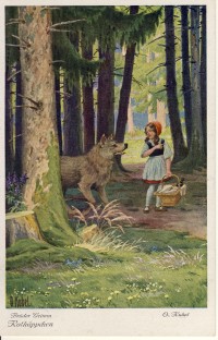 Rotkäppchen mit dem Wolf im Wald - Postkarte