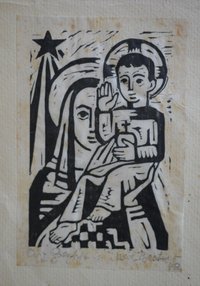 Weihnachtskarte mit Maria und Jesuskind, Segensgestus und Stern
