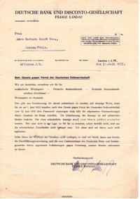 Brief der Deutschen Bank an Anna Baust 1933