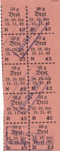 Lebensmittelmarken für 50g Brot 1942, entwertet