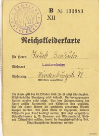 Reichskleiderkarte Oktober 1940 für Jakob Benkula