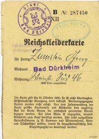 Reichskleiderkarte Oktober 1940 für Franz Zumstein