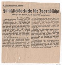 Zeitungsartikel: Zusatzkleiderkarte für Jugendliche 1940