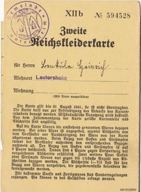 Zweite Reichskleiderkarte August 1941für Benkula Heinrich