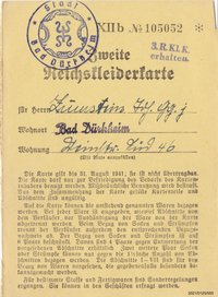 Zweite Reichskleiderkarte August 1941 für Zumstein Joh. Gg. j