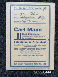 Rabatt-Sparkarte Carl Mann Bad Dürkheim Dez. 1943