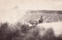 Foto Arbeiter mit Pferd beim Spritzen oder Stäuben