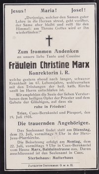 Totenkärtchen Christine Marx (19.7.1935)