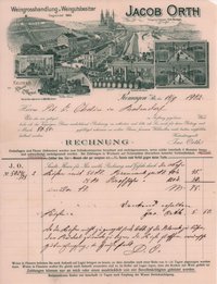 Lieferantenrechnung der Weingroßhandlung Jakob Orth aus Remagen an Josef Cholin vom 18.08.1902