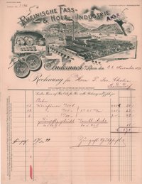 Lieferantenrechnung für 30 Weinfässer in verschiedenen Größen von der Rheinischen Fass- und Holzindustrie in Andernach vom 23.11.1898