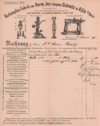 Rechnung der Korkenstopfen Fabrik Schmitz in Köln vom 8. November 1898