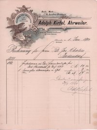 Rechnung der Buch-, Werk- und Accidenz-Druckerei Adolph Kirfel, Ahrweiler an Peter Josef Cholin vom 1 Januar 1900