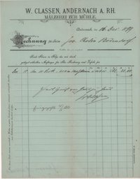 Rechnung der Mälzerei zur Mühle W. Classen in Andernach vom 16. Dezember 1899 an Gastwirtschaft Cholin in Bodendorf/Ahr