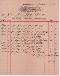 Rechnung für Schneiderarbeiten im Jahr 1890 vom 1. Januar 1891 an Peter Josef Cholin in Bodendorf/Ahr
