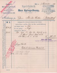 Rechnung von der Spritfabrik Max Spiegelberg vom 7. November 1899 an Peter Josef Cholin in Bodendorf/Ahr