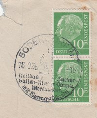 Teilbriefumschlag mit Briefmarke und Poststempel und Werbung für den Warmquellensprudel Bodendorf