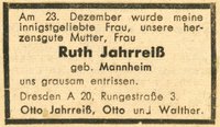Todesanzeige für Ruth Jahrreiß, Dresdner Neueste Nachrichten, 31.12.1942