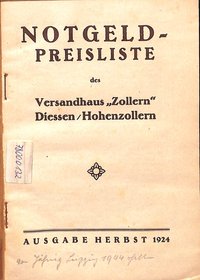 Notgeld-Preisliste des Versandhaus "Zollern", Herbst 1924