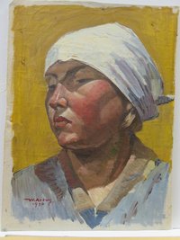 Ölbild: Porträt einer jungen Frau mit Kopftuch