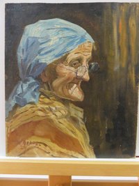 Ölbild: Porträtstudie einer Holzleserin