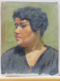 Ölbild: Brustporträt einer jungen Frau im schwarzen Kleid