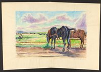 Zwei Pferde und mähender Bauer auf einem Feld