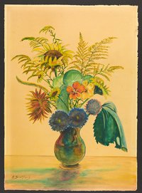 Bunter Blumenstrauß mit Sonnenblumen in bauchiger Vase