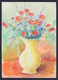 Rote Blumen und Fingerhut in gelber, bauchiger Vase
