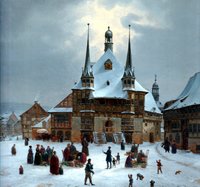 Das Rathaus Wernigerode mit dem Markt im Winter, gemalt von Ernst Helbig, 1842