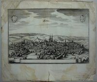 Eisleben: Stadt von Nordosten, im Hintergrund der Harz, 1650 (aus: Merian "Sachsen")