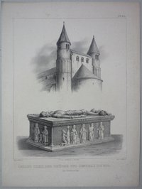 Gernrode: Türme der Stiftskirche, Gero-Grabmal in der Kirche, 1841 (aus: Brockhaus "Baukunst des Mittelalters")