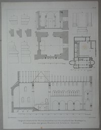 Gernrode: Grundriss und Schnitt durch das Kloster und einzelne Details, 1841 (aus: Brockhaus "Baukunst des Mittelalters")
