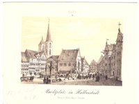 Halberstadt: Holzmarkt mit Rathaus und Martinikirche, um 1850 (aus: Meysel "Harz")
