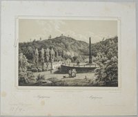 Mägdesprung: Ortszentrum mit Obelisk, 1838 (aus: Schroeder "Der Harz")