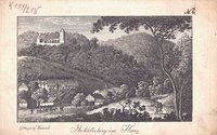 Stecklenberg: Dorf und Stecklenburg von Norden, um 1820 (Wiederhold: Stammbuchblatt)