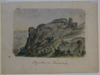 Felsen und Ruine Regenstein von Südosten, gezeichnet von Breton, am 17. August 1868