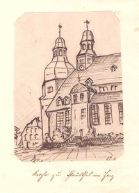 Kirche Clausthal von Südosten, gezeichnet von Breton, 12. August 1888