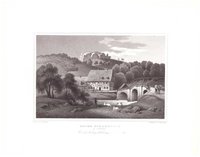 Scharzfeld: Brücke über die Oder und Burg Scharzfels von Süden, 1854 (aus Lange "Der Harz")