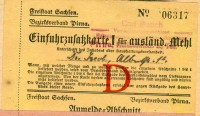 Lebensmittelkarte oder Einfuhrzusatzkarte für ausländisches Mehl, Bezirksverband Pirna, Freistaat Sachsen, 1914-1918, 1. Weltkrieg
