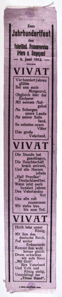 Vivatband zum Jahrhundertfest des Vaterländ. Frauenvereins Artern und Umgebung 8. Juni 1913