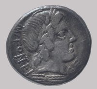 Denar, VS: Kopf des Apollon; RS: Cupido auf Ziege reitend zwischen Dioskurrenhelmen