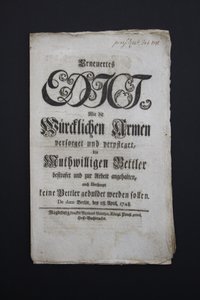 Erneuertes Edikt zum Umgang mit Armen und Bettlern 1748