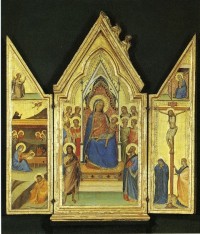Bernardo Daddi: Triptychon - Thronende Madonna mit Engeln und Heiligen; Geburt Christi; Kreuzigung Christi; Verkündigung an Maria. Um 1340-45