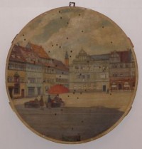 Schützenscheibe mit einer Darstellung des Marktplatzes in Weimar