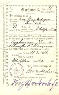 Ausweis zum Betreten des Gebietes der Stadt Weimar während der Nationalversammlung 1919