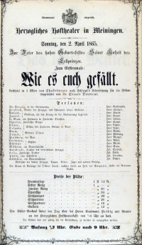 Wie es euch gefällt, 02. 04. 1865 (Herzogliches Hoftheater in Meiningen, Theaterzettel)