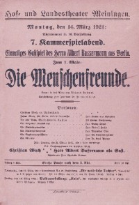 Die Menschenfreunde, 14. 03. 1921 (Hof- und Landestheater Meiningen, Theaterzettel)