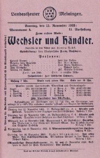 Wechsler und Händler, 11. 11. 1923 (Landestheater Meiningen, Theaterzettel)