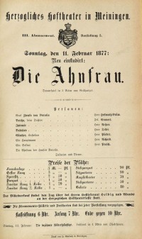 Die Ahnfrau, 11. 02. 1877 (Herzogliches Hoftheater in Meiningen, Theaterzettel)