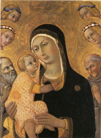 Sano di Pietro: Madonna mit Kind, von Engeln, Heiligem Hieronymus und Heiligem Bernhardin von Siena verehrt. Um 1460-70